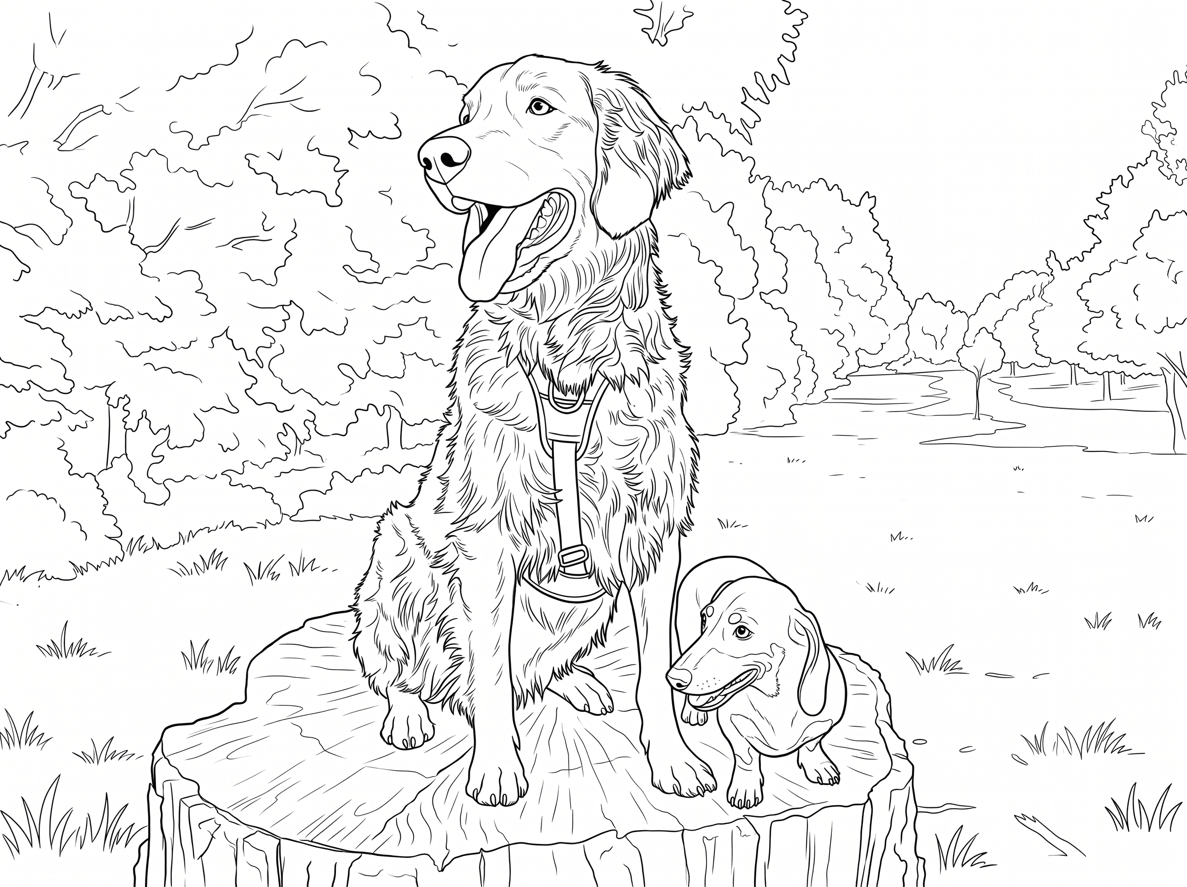The same photo drawn as a coloring book page